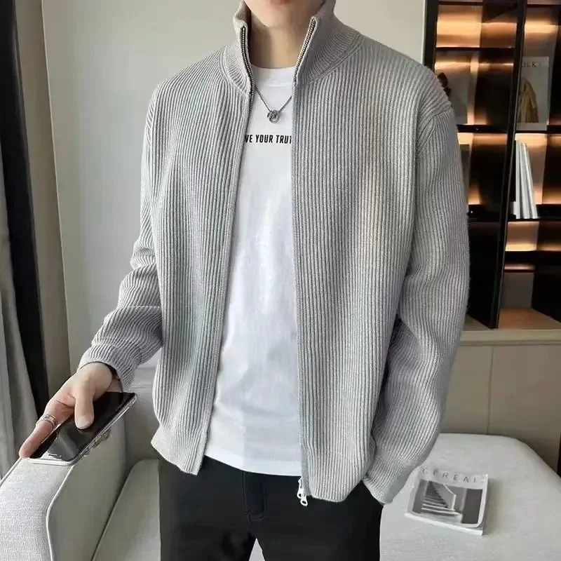 solid knitted sweater mens stand up collar Korean fashion zipper cardigan mens knitted plus size knitted jacket 240930