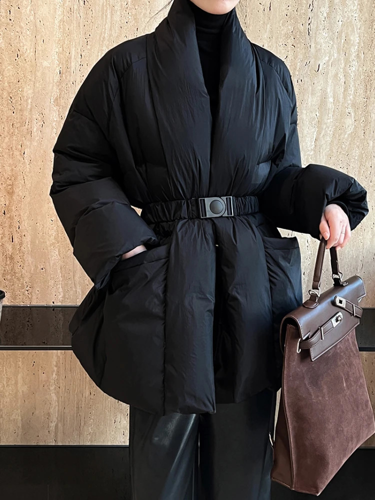 Winter Coats down jacket womens V-neck thick jacket warm jacket Chinese style with belt high-end chiffon womens down jacket 240930