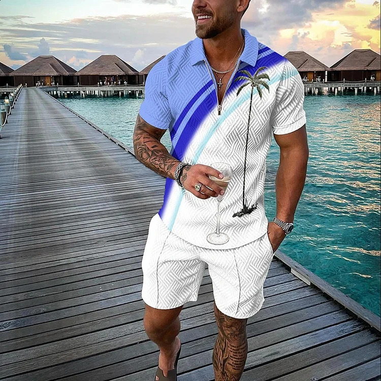 Beach Coco 3D printed mens sportswear set summer casual zipper collar polo shirt and shorts 2-piece set fashionable mens clothing 240930CJ