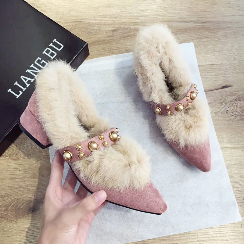 2024 New Coarse Heel Pointed Velvet Cotton Single Shoes