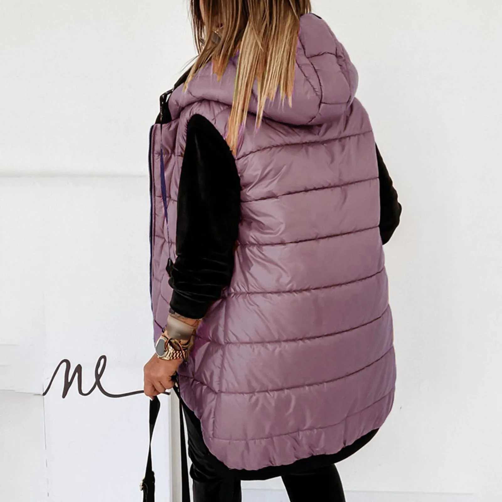 Sleeveless hooded vest womens autumn fashion long cotton apron jacket womens winter warm waterproof vest M241004