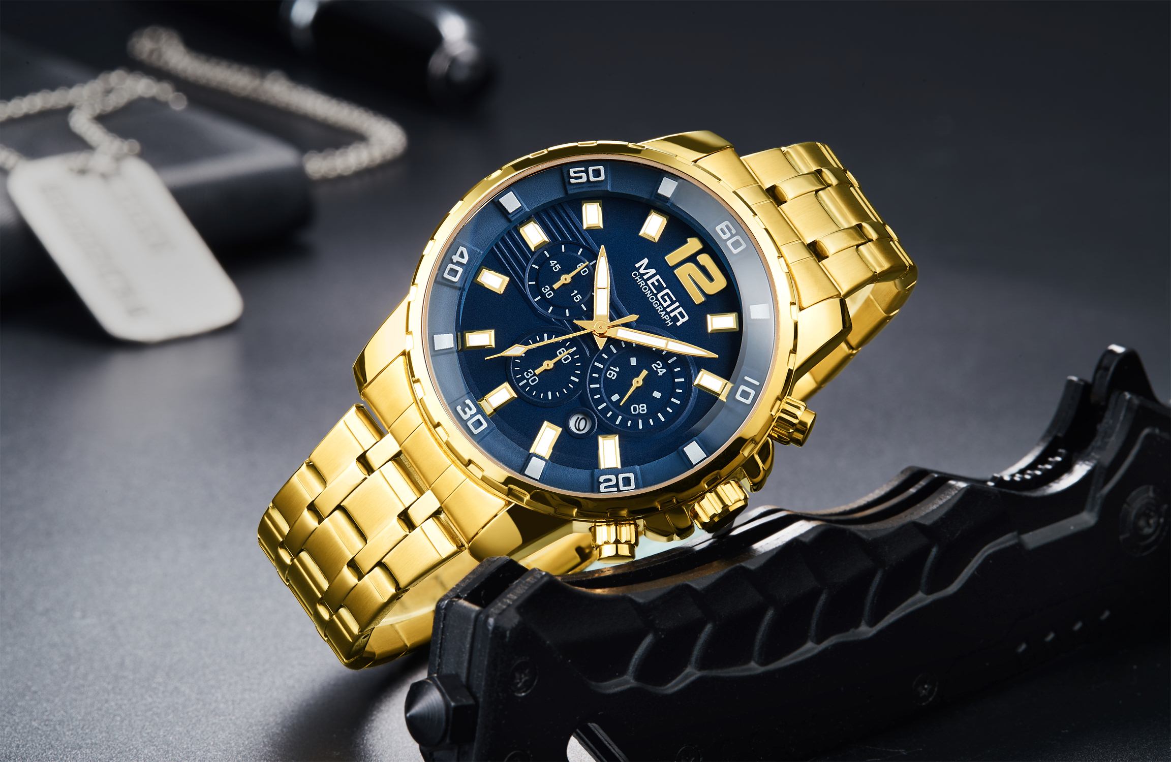 MEGIR 2068 Men's Business Sports Multi functional Watch, Leisure Luxury Waterproof Stainless Steel Timing Quartz Men's Watch 02