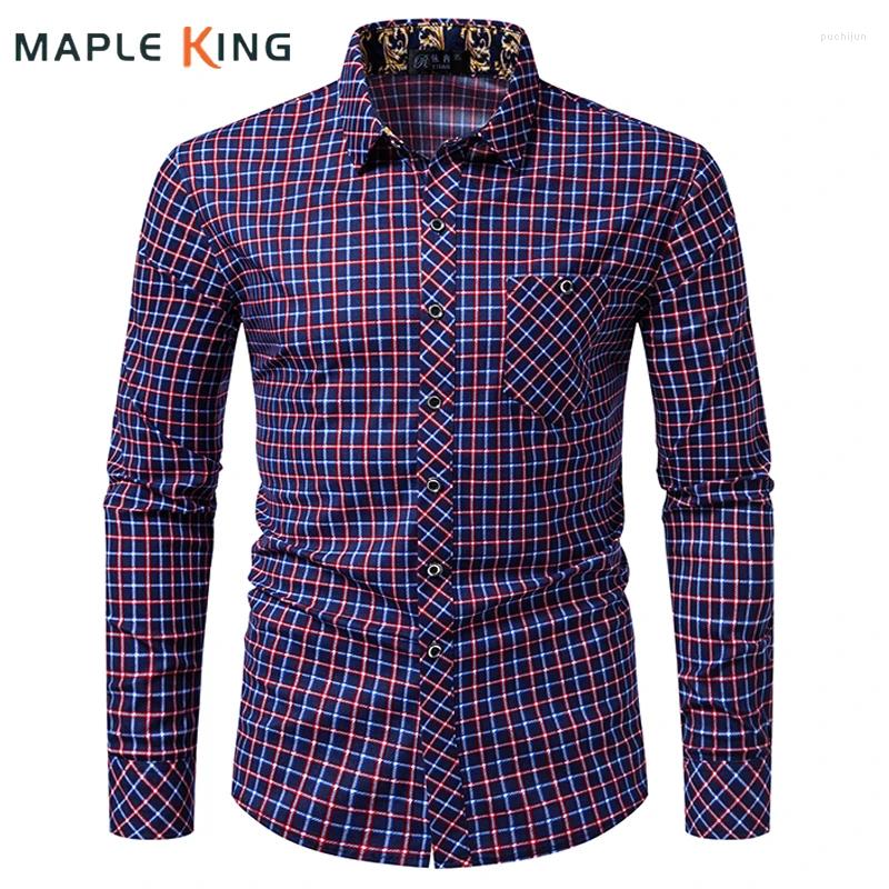 Men's Casual Shirts Mens Plaid Long Sleeve 2024 Vintage Clothes Pocket Designer Social Business Festival Outfit Men Camisa Luxo Dress Shirt
