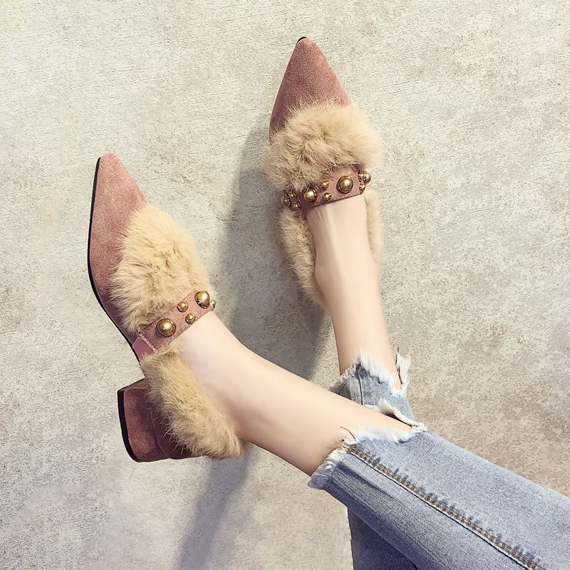 2024 New Coarse Heel Pointed Velvet Cotton Single Shoes