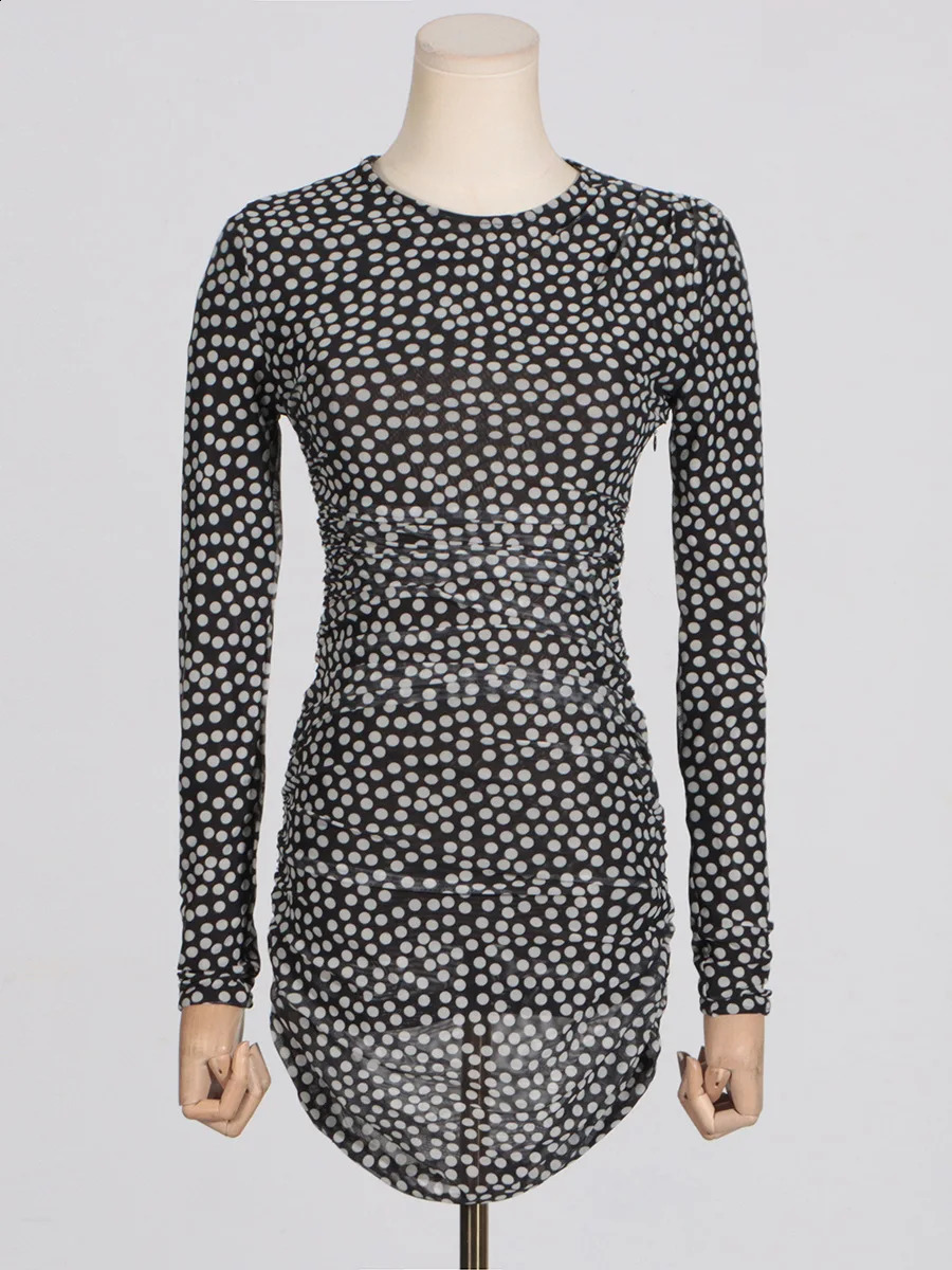 Womens sexy polka dot round neck long sleeved mini dress 240929