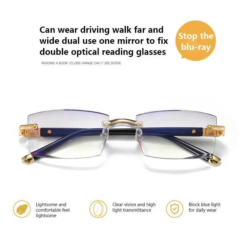 Diamond Anti Blue Light Blocking Rimless Reading Glasses Rimless Anti-Blue Frameless Presbyopic Glasses For Men WomenXJ240907