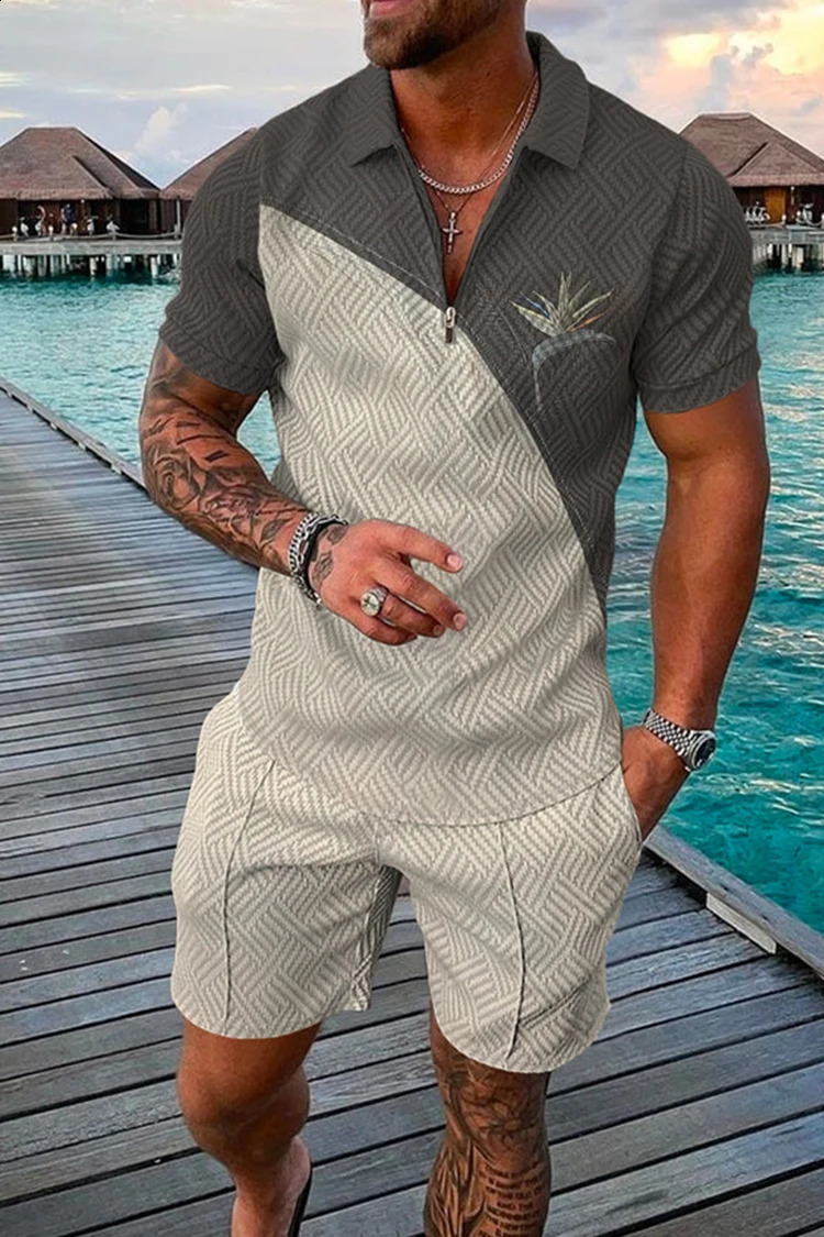 Mens summer casual polo shirt set mens fashion tracksuit solid color set mid neck zipper suit retro set 240930