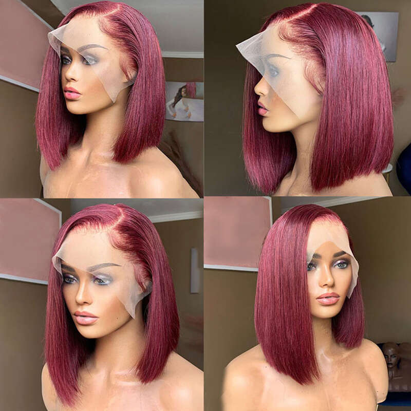 13X4 Bury HD Transparent Short Human Hair Brazilian 99J Straight Colored Bob Lace Front Wigs For Women Pre Plucked
