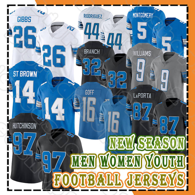 16 Jared Goff 14 Amon-Ra St. Brown Football Jerseys 87 Sam LaPorta Lionss Brian Branch Jameson Williams Jahmyr Gibbs David Montgomery Barry Sanders Malcolm Rodriguez