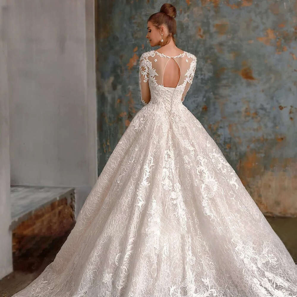 Elegant Sheer O Neck Long Sleeve Wedding Dress A-e Lace Appliques Beading Princess Bride Gowns Vestidos De Novia