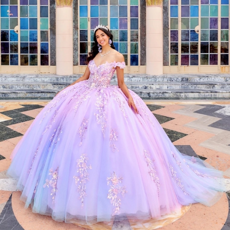 Lilac Shiny Quinceanera Dresses Off The Shoulder Ball Gown Lace Appliques Beading Crystal Tull Corset Sweet 16 Dress Vestidos De 15 Anos