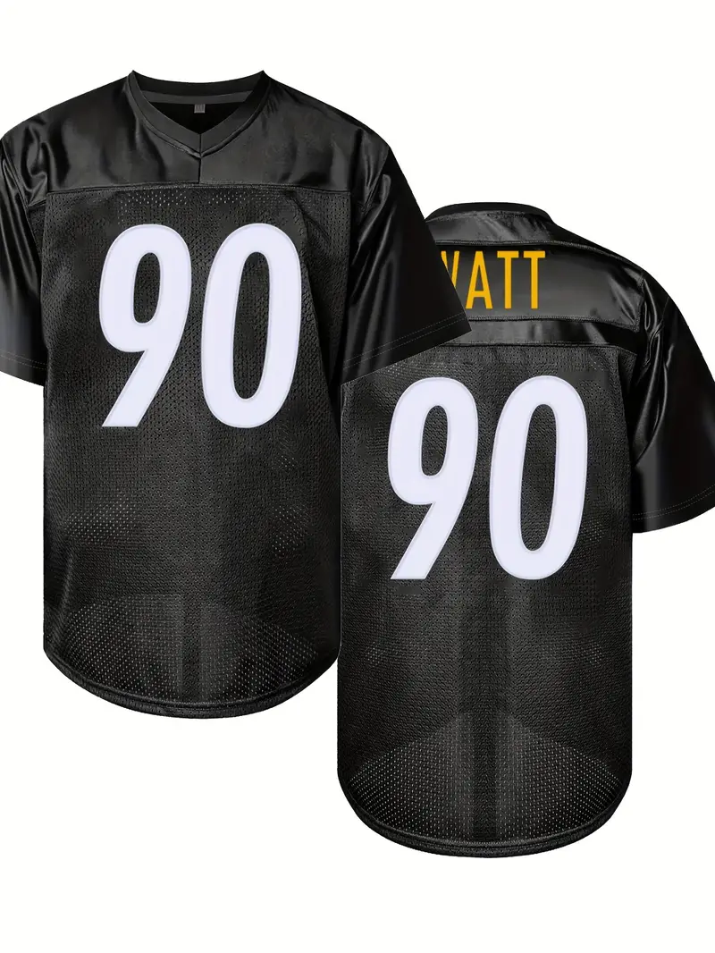 #90 TJ Watt Comfy V-Neck Football Jersey Black Mesh Embroidery for Training and Competition Breathable Moisture-Wicking American Football Shirt