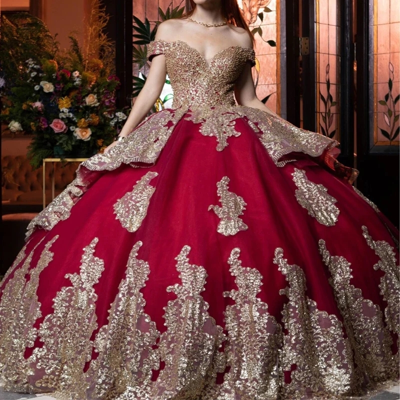 Red Shiny Off The Shoulder Quinceanera Dress Ball Gown Gold Lace Applique Beads Tull Corset Sweet 16 Dress Vestidos De 15 Anos