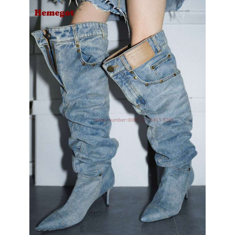 Denim Pants Pointy Toe Pleated Over The Knee Boots For Women Winter 2024 Casual Rivet Pocket Decor Patchwork Shoes