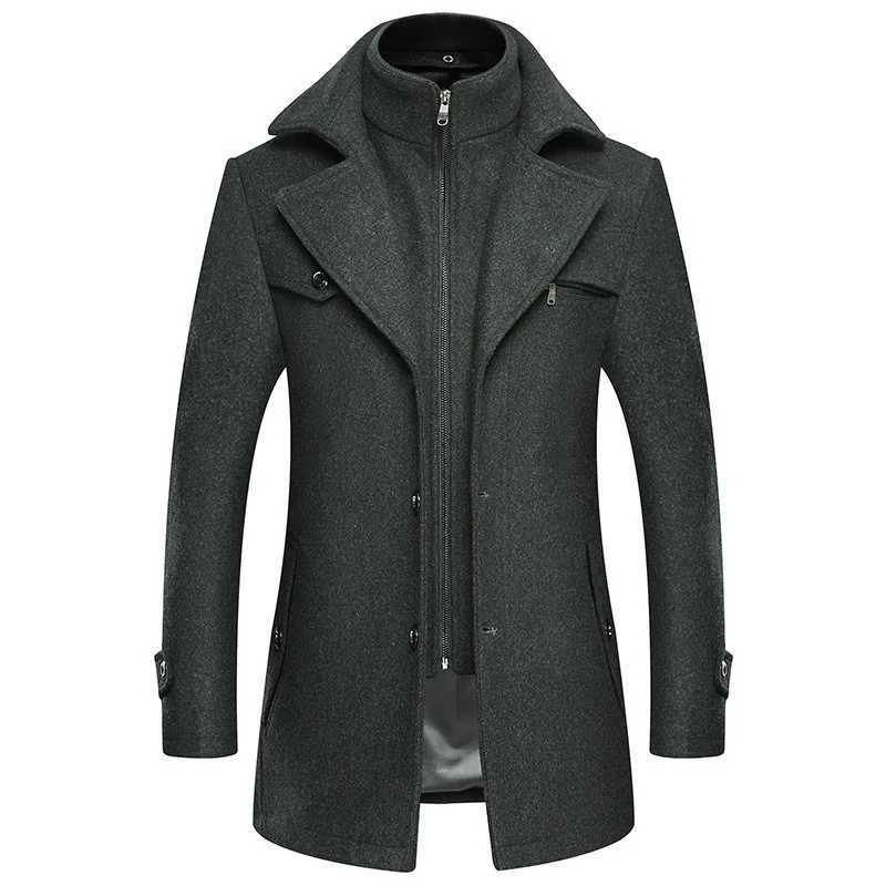 Autumn Winter Double Collar Woolen Coats Men Thick Business Casual Wool Blends Trench Coat Male Solid Turn Down Collar OuterwearX241005