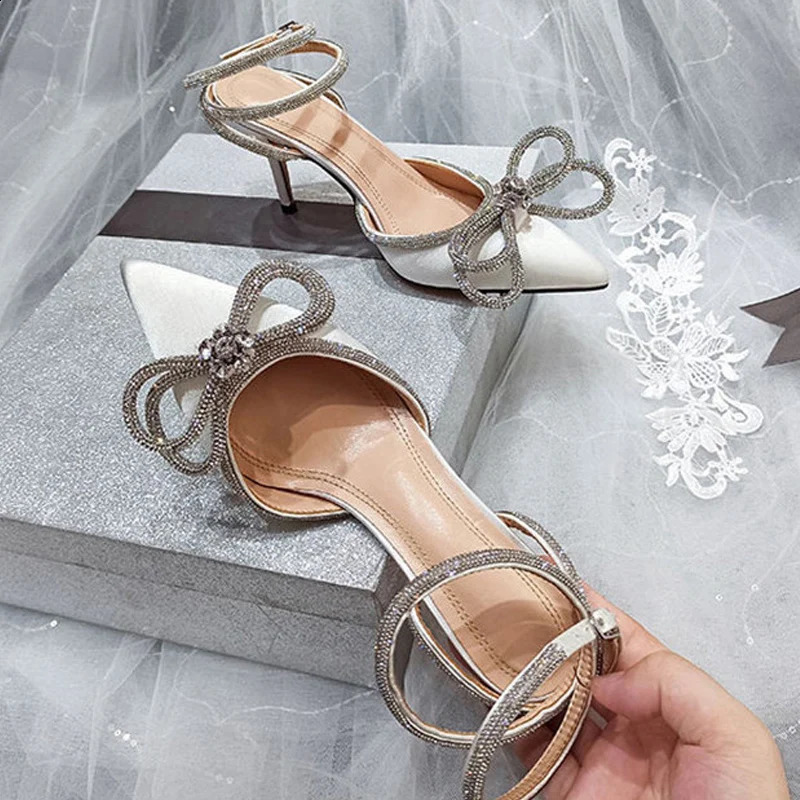 Sparkling Rhinestone Womens Pump Crystal Bow Silk Corner Lace Buckle Thin High Heels Party Ball Shoes 240925