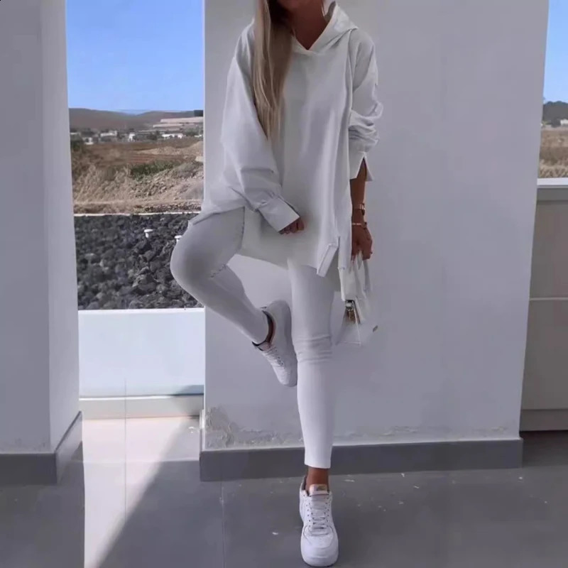 Casual Sport Split Hooded Sweatshirt Leggings Two Piece Set Women Fall Pure Loose Tracksuit Outfit Winter Long Sleeve Comfy Suit 240930