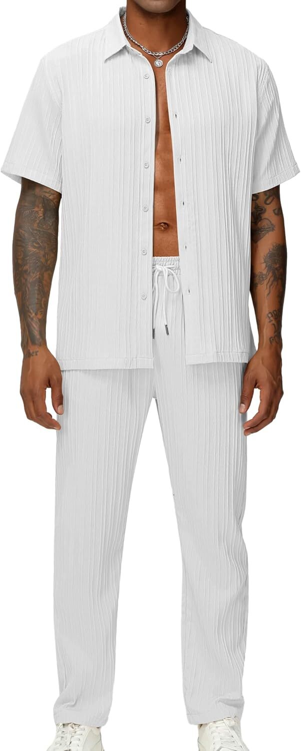 designer tracksuit men's 2piece vertical striped texture clothing summer casual button up shirt and pants matching set