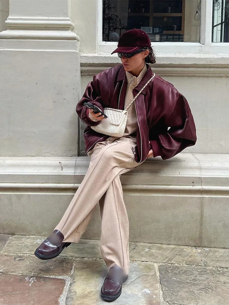 Women Retro Wine Red Suede Leather Jacket Elegant Lapel Long Sleeves Loose Short Coats Spring Autumn Chic Lady Street Outerwear 240930