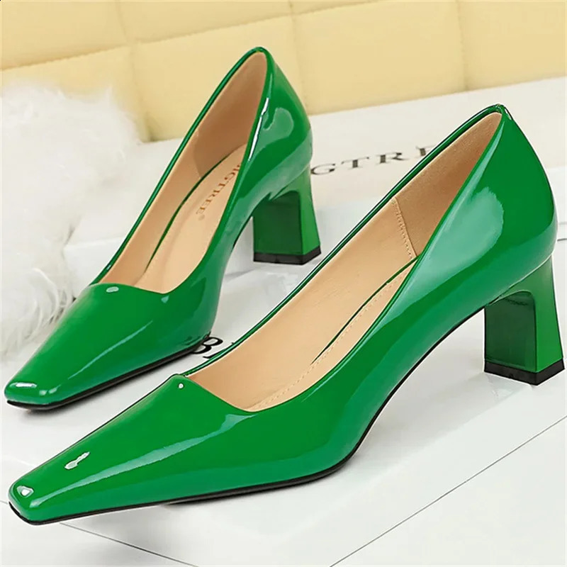 Women 6cm High Pumps Lady Square New Toe Glossy Patent Leather Block Low Heels Girl Green Blue Nude Wine Red Quality Shoes 240924