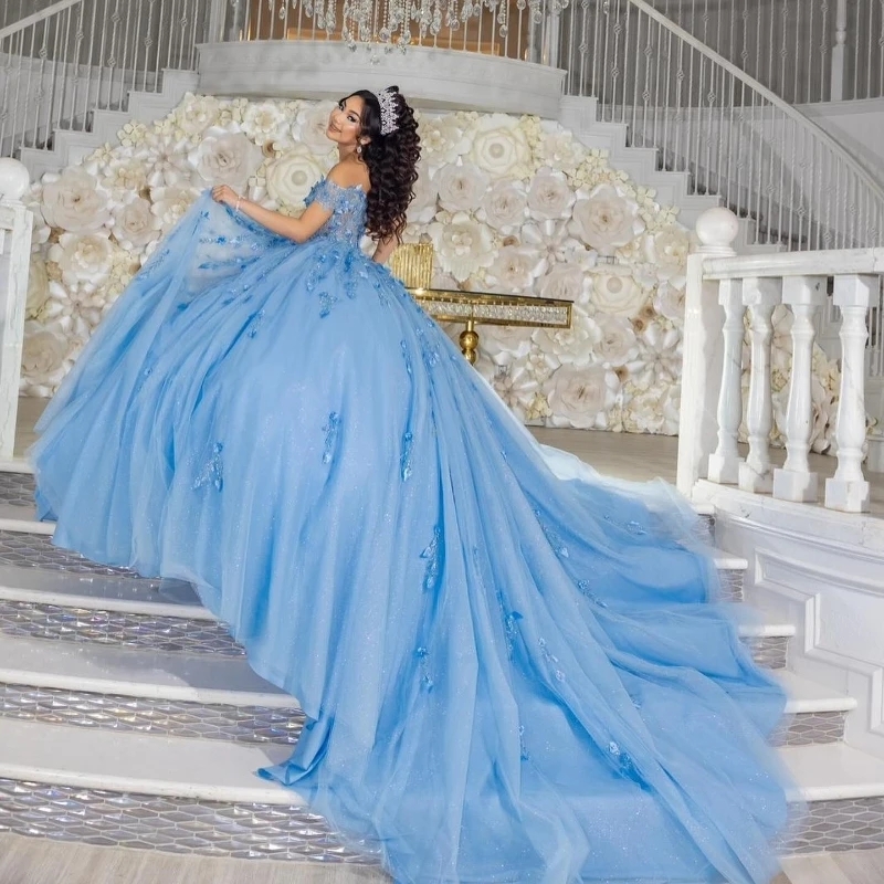 Sky Blue Quinceanera Dress Off Shoulder Appliqued Lace Beads Ball Gown Princess Party Birthday Vestidos 15 De Anos Sweet 16 Dress