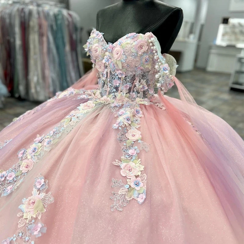Mexico Pink Ball Gown Quinceanera Dresses Beaded Appliques Lace Tull Birthday Party Gowns Sweet 16 Party Birthday Vestido Xv De 15 Anos
