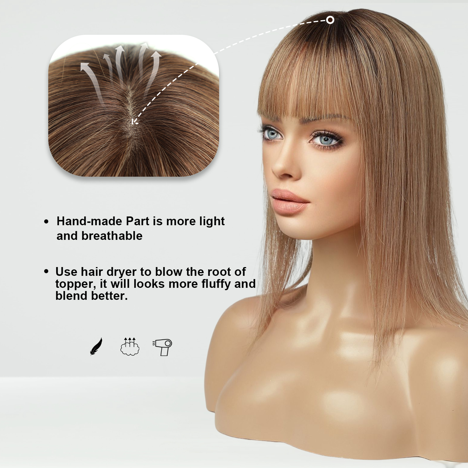 100% Remy Human Toppers Pieces Light Brown Women With Bang Silk Base Clip In Topper For Thinning Hair