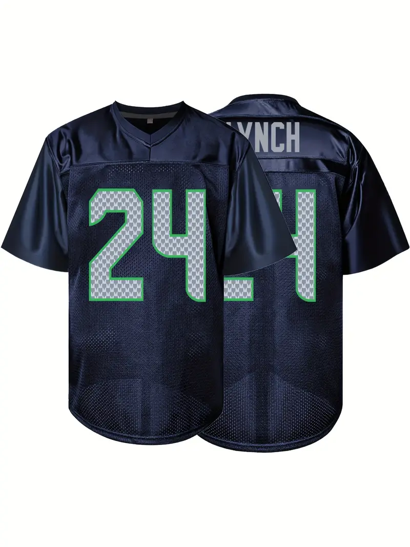 #24 Marshawn Lynch Comfy V-Neck Football Jersey Navy Blue Mesh Embroidery for Training and Competition Breathable Moisture-Wicking American Football S