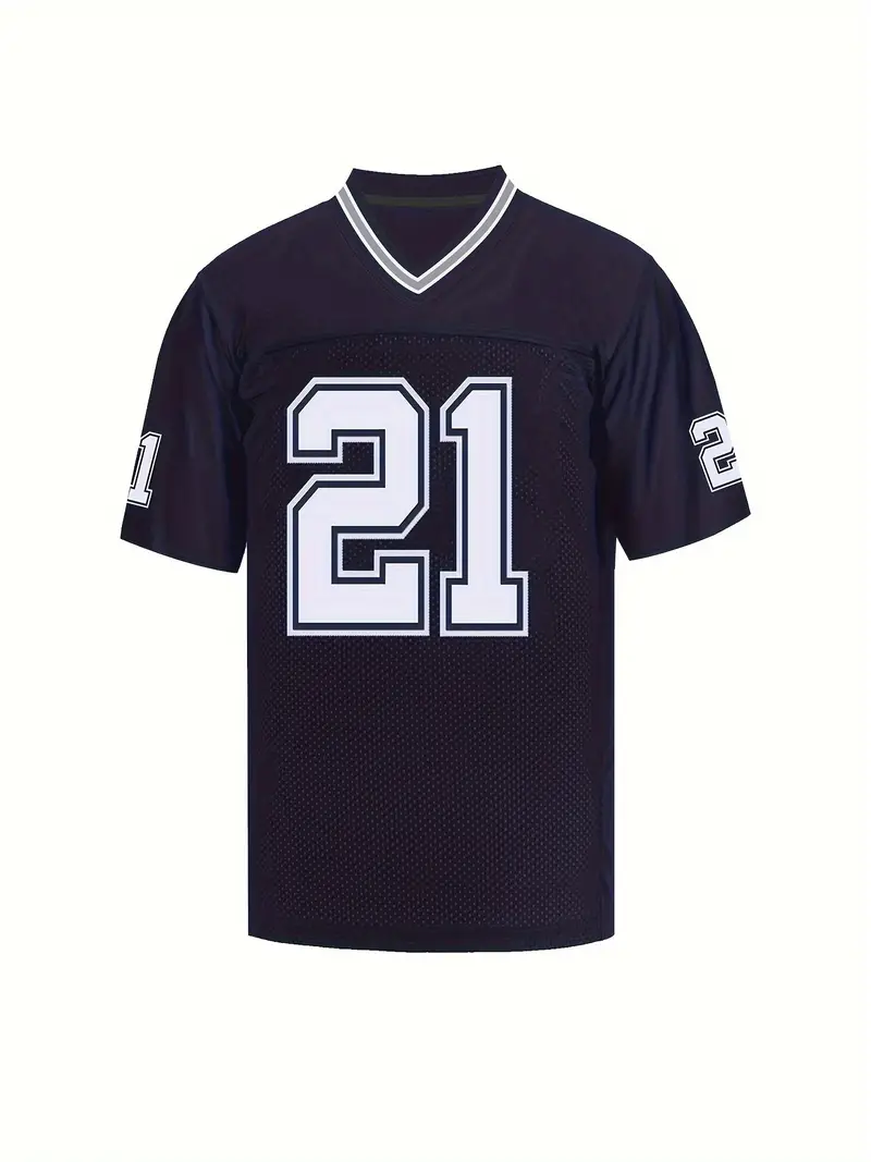 #21 Deion Sanders Comfy V-Neck Football Jersey Navy Blue Mesh Embroidery for Training and Competition Breathable Moisture-Wicking American Football Sh