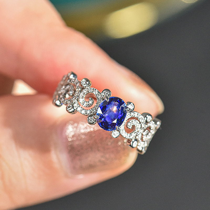 Sterg Sier Blue Sapphire CZ Dia Leaf Ring | Elegant Hollow Party Wedding Band