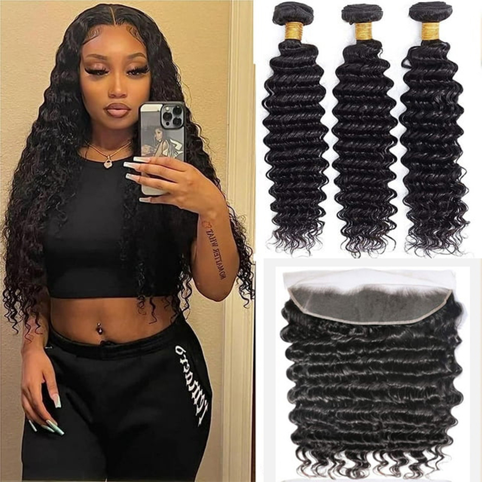 Deep Wave Bundles Brazilian 100% Unprocessed Virgin Human Hair 3 Bundle With 13X4 Lace Frontal Closure