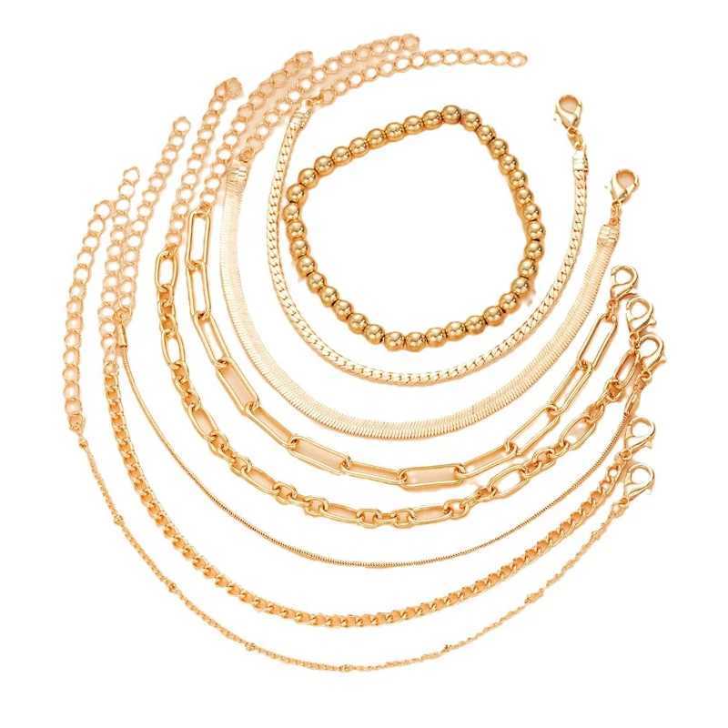 Female teenage girl gold bracelet 14K gold-plated Dainty bracelet set layered chain bracelet bag jewelry gift W241004