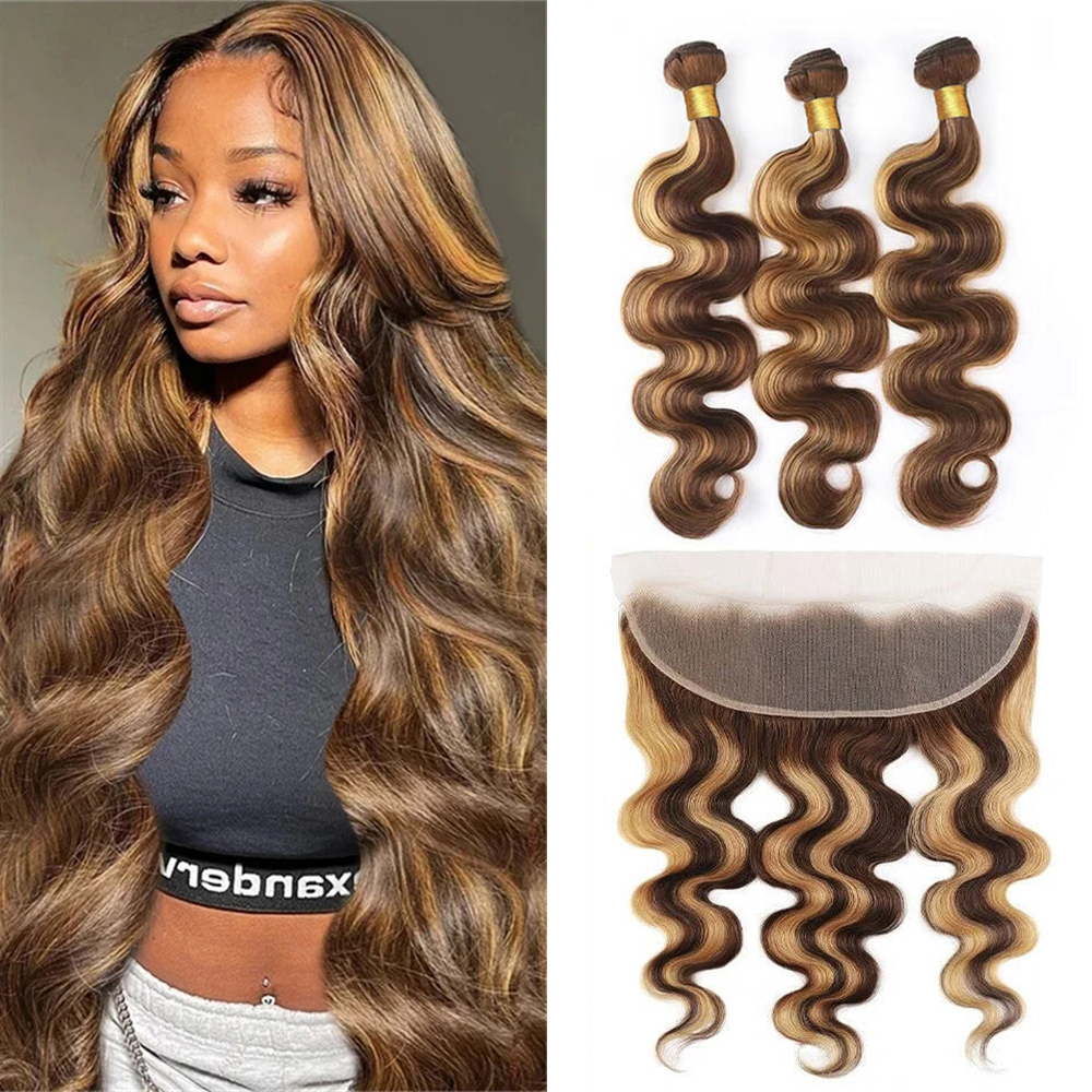 Highlight Bundles Closure Brazilian Body Wave Ombre Blonde Human Hair Tissage Bundle With 13X4 Frontal P4/27 Color