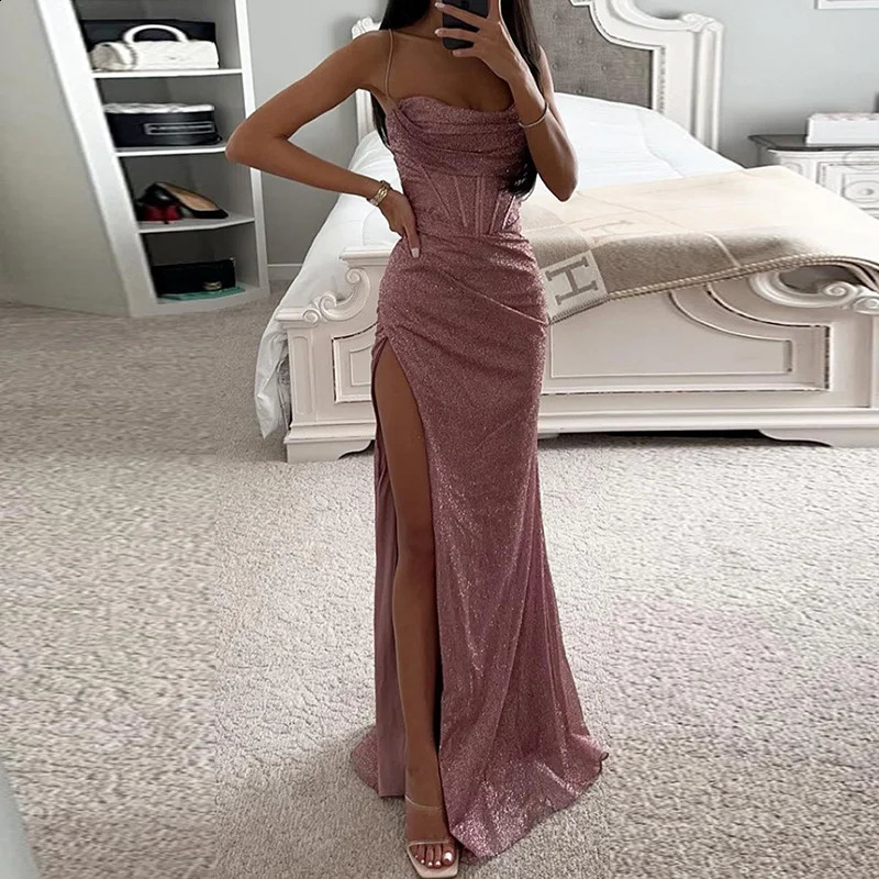 Womens elegant slim fit high seam backless long party dress sexy club V-neck sleeveless dress latest Vestido for spring/summer 240930