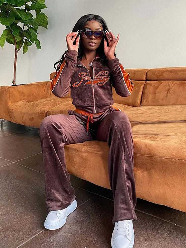 Womens Two Piece Pants Womens letter printed suede jacket 2piece set Tracksuit contrasting color straight sports pants matching set womens sportswea Y