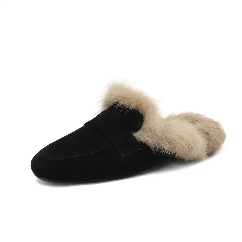 Sliding on simple shoes womens jackets warm shoes natural suede flat shoes womens slippers womens fur flat shoes240921bj