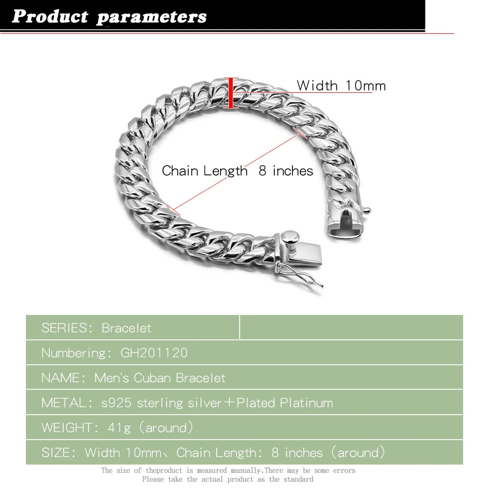 925 Sterling Silver 10 mm Link Chain Cuban Charm Bracelet for Women Wrist Punk Italian Starter Bracelet Man Jewelry Gift 240924