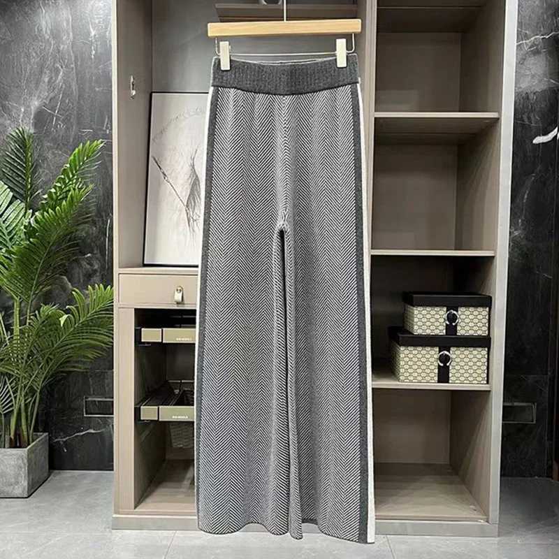 Women's Pants Capris S-3Xl Elegant Wool Wide Leg Pants Womens Korean Fashion Striped Knitted Pants Winter Office Womens High Waist Bag Pants Y241