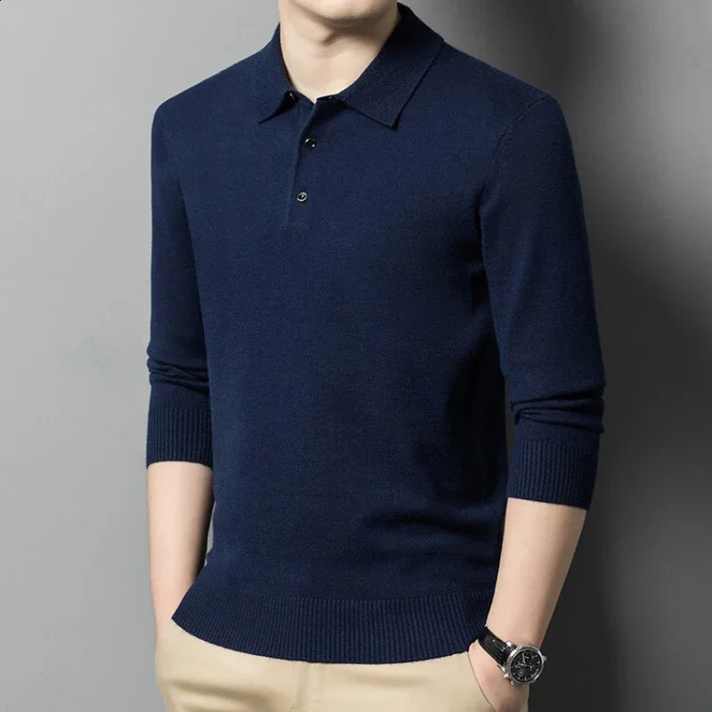 Autumn and winter warm soft pull mens business collar knitted casual solid color long sleeved polo shirt office 240930