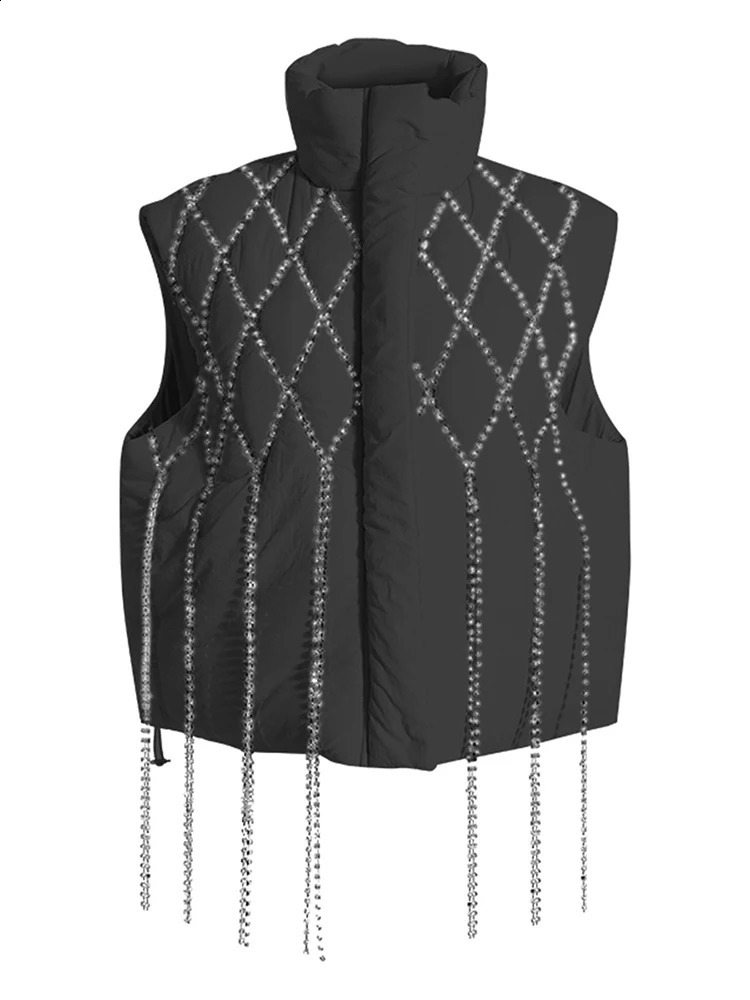 DEAT Fashion Womens Waist Coat Loose Collar Single Chest Sleeveless Plain Diamond Tassel Tank Top 1DF2572 240929