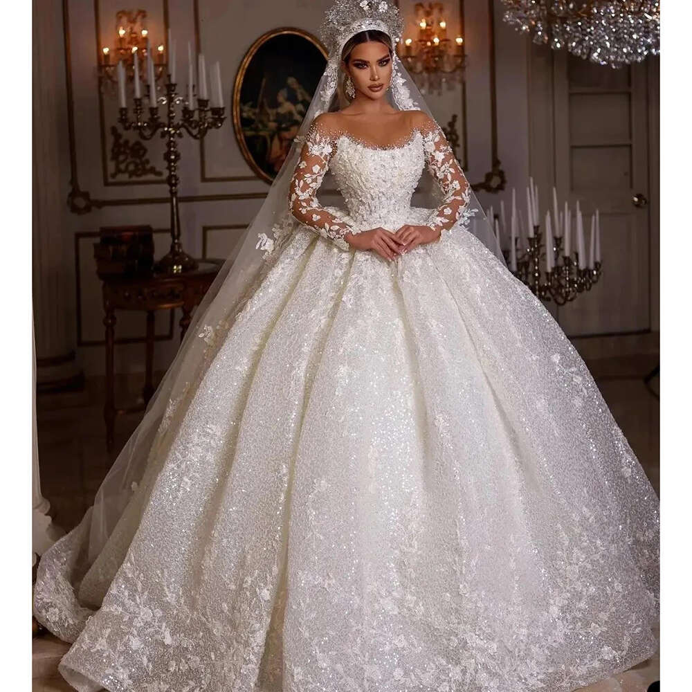 Tulle O Neck Wedding Dress Lace Applique Sequined Beaded Long Sleeve Princess Bride Gowns Vestido De Novia 0228Lz