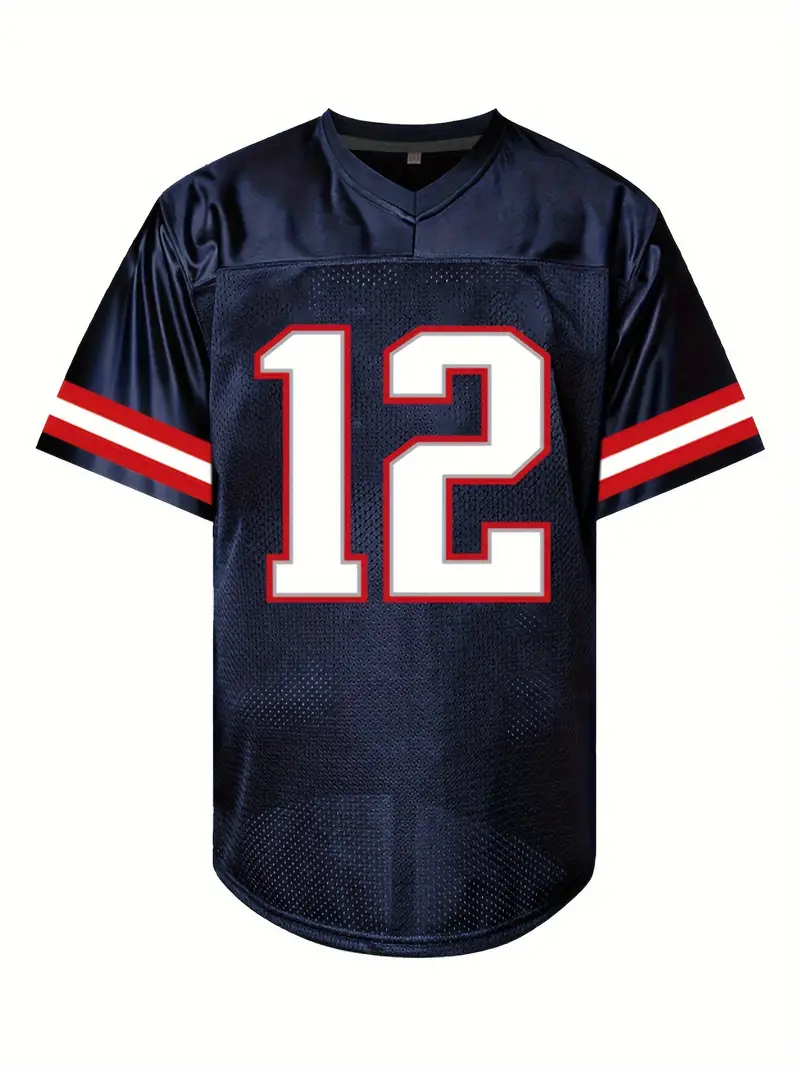 #12 Tom Brady Comfy V-Neck Football Jersey Navy Blue Mesh Embroidery for Training and Competition Breathable Moisture-Wicking Short Sleeve Top for Act