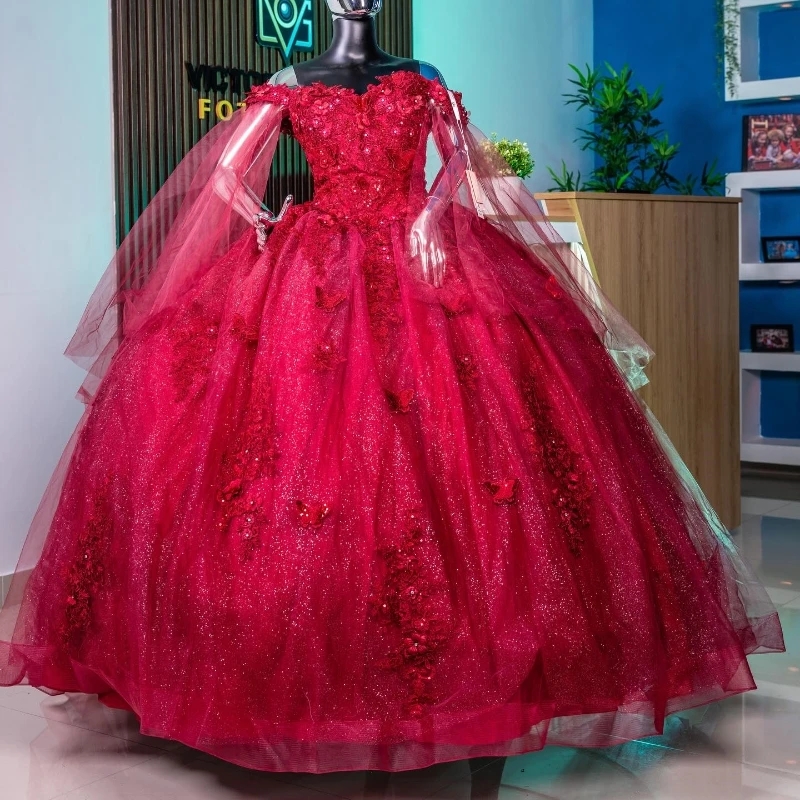 Luxury Red Shiny Off The Shoulder Quinceanera Dresses Lace Appliques Bow Tull Ball Gown Princess Puffy Vestido De 15 Anos Sweet 16 Dress