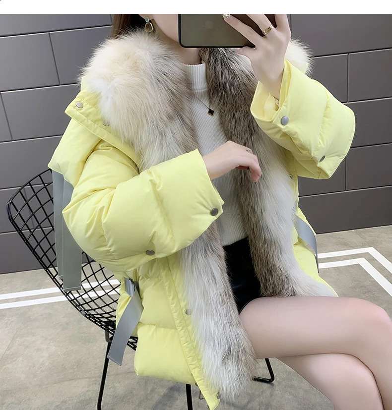 Natural True Fox Fur Collar White Duck Down Jacket Winter Womens Warm Loose Coat Thick y 240929