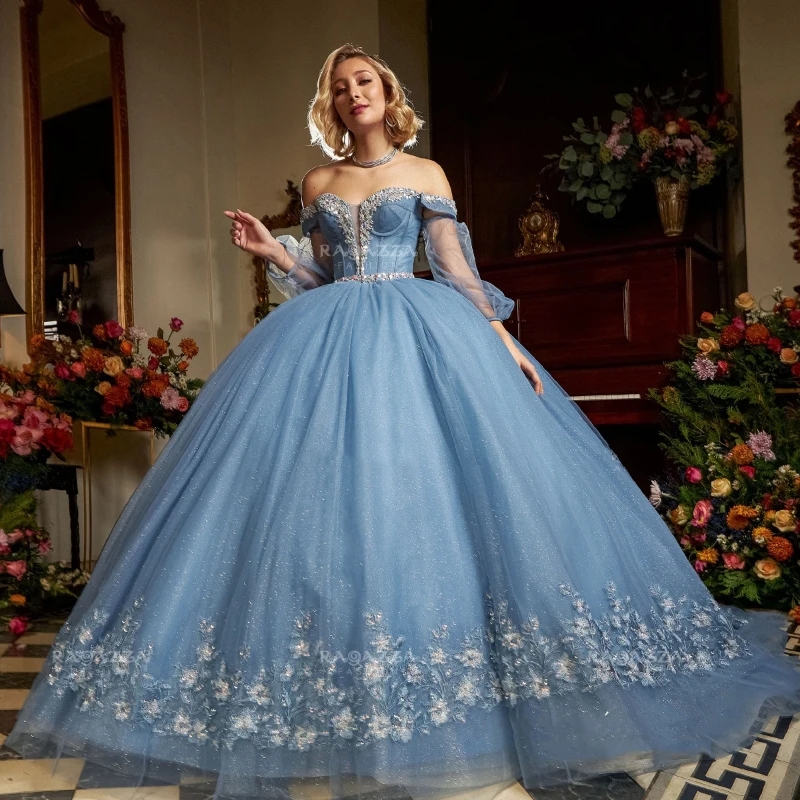 Sky Blue Shiny Off The Shoulder Ball Gown Quinceanera Dresses Appliques Beading Crystal Corset Vestidos De 15 Anos Sweet 16 Dress