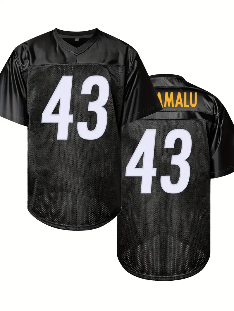 #43 Troy Polamalu Comfy V-Neck Football Jersey Black Mesh Embroidery for Training and Competition Breathable Moisture-Wicking American Football Shirt