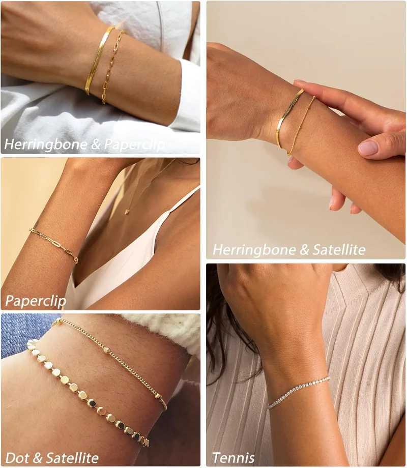 Set: Waterproof Bracelet 14K Real Gold Plated Tennis, Beaded, Figaro, Herringbone, Paperclip k Bracelets Set for Women (W241004) 4 s