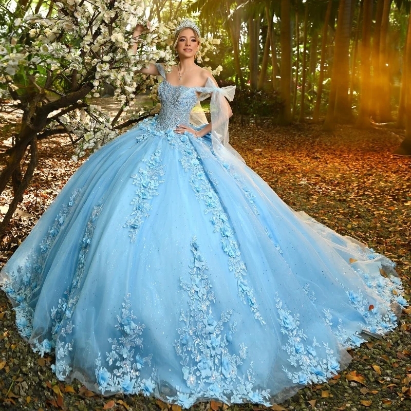 Sky Blue Luxury Quinceanera Dresses Off The Shoulder Appliques Lace Beads Princess Ball Gowns Sweet 16 Dress Vestidos De 15 Anos