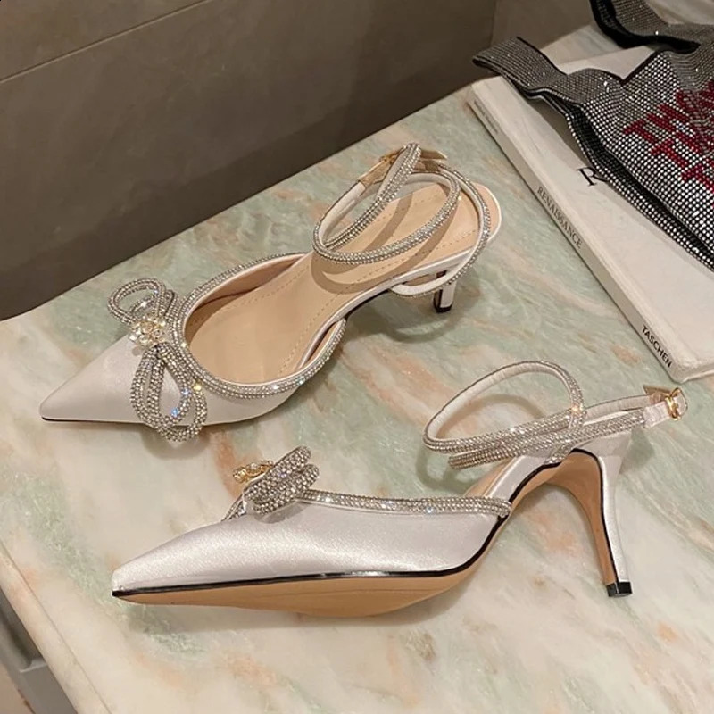 Sparkling Rhinestone Womens Pump Crystal Bow Silk Corner Lace Buckle Thin High Heels Party Ball Shoes 240925