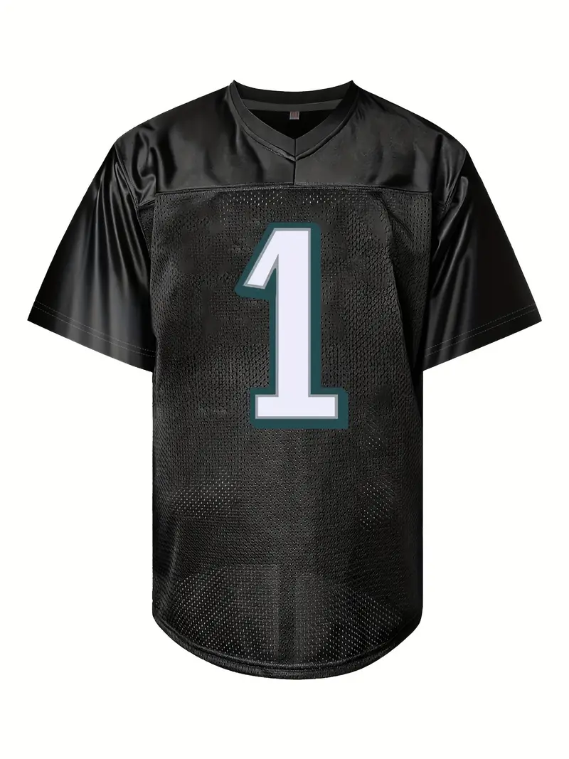 #1 Jalen Hurts Comfy V-Neck Football Jersey Black Mesh Embroidery for Training and Competition Breathable Moisture-Wicking American Football Shirt